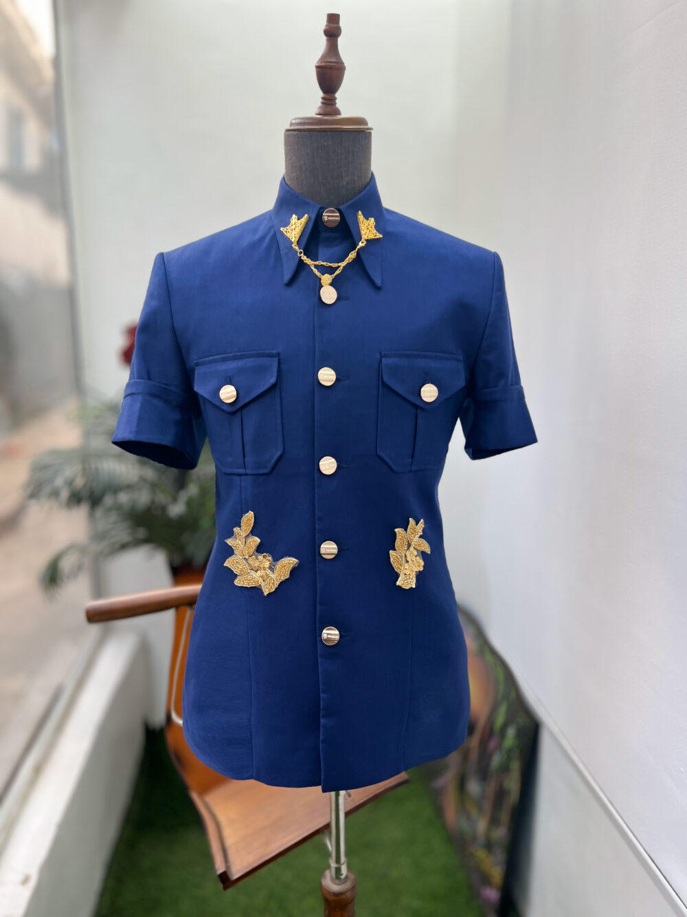 Navy Blue Embellished French Safari suit