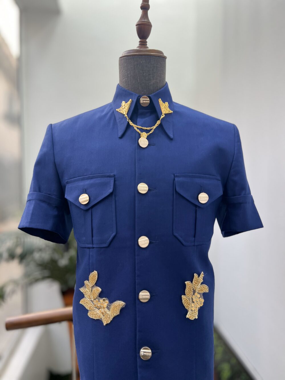 Navy Blue Embellished French Safari suit