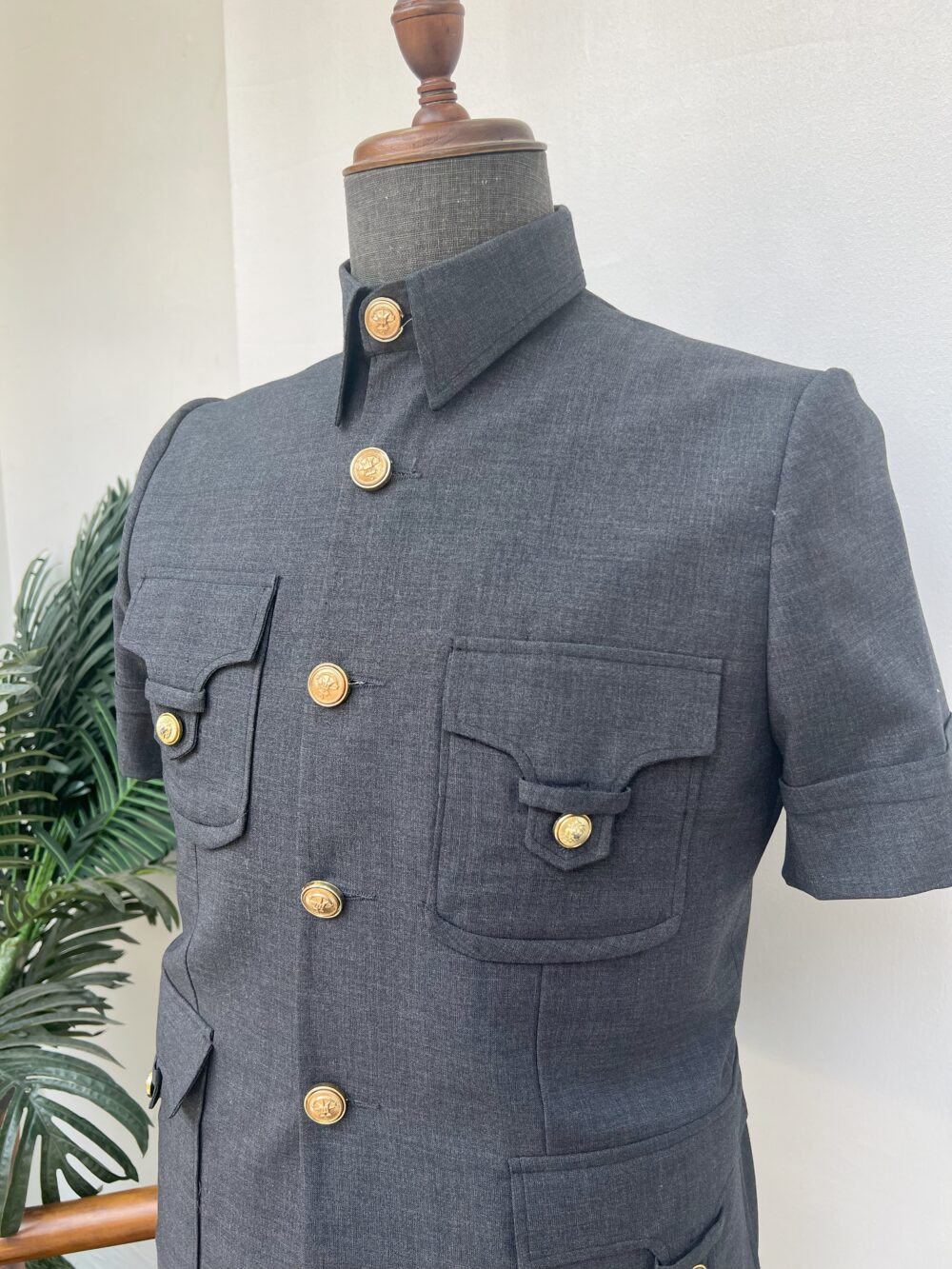 Dark gray four pocket French safari suit