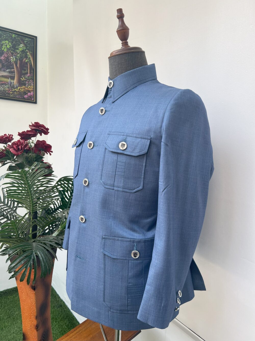 Denim blue French safari suit