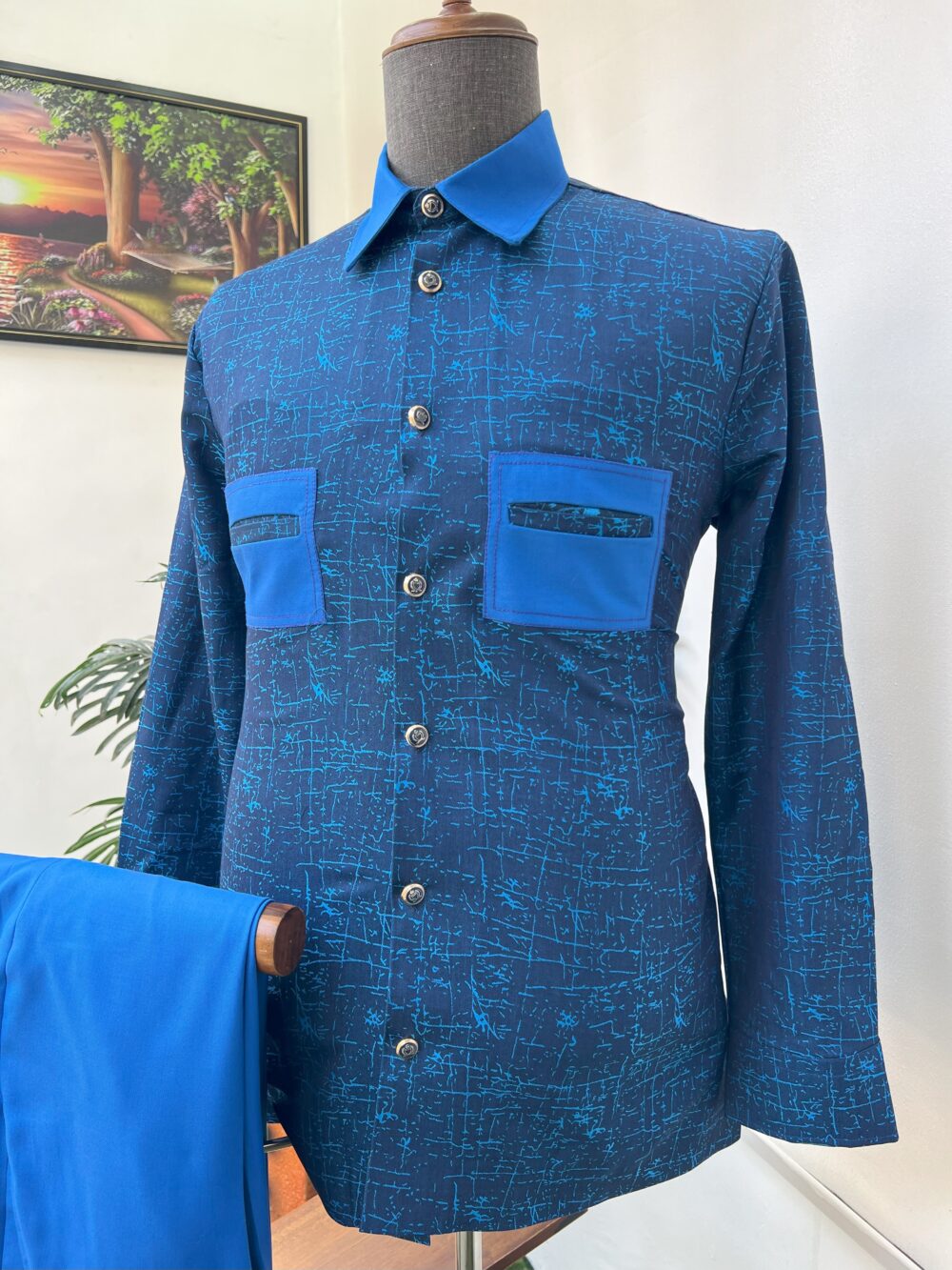 Royal Blue Map Patterned Wool Kaftan/Native