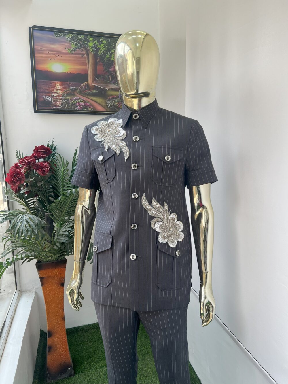 Dark striped gray embellished French safari suit