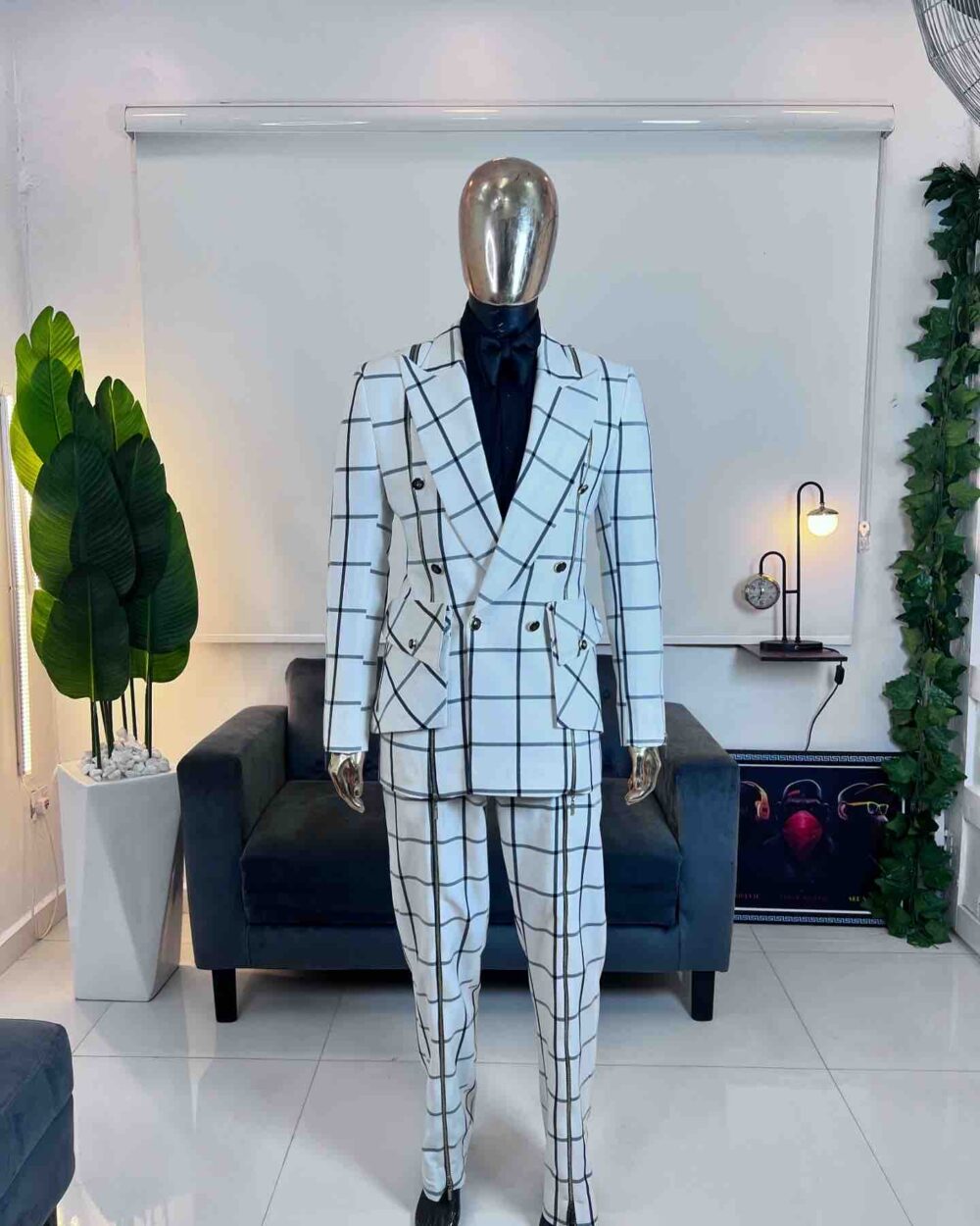 White check double breasted zip detailed suit