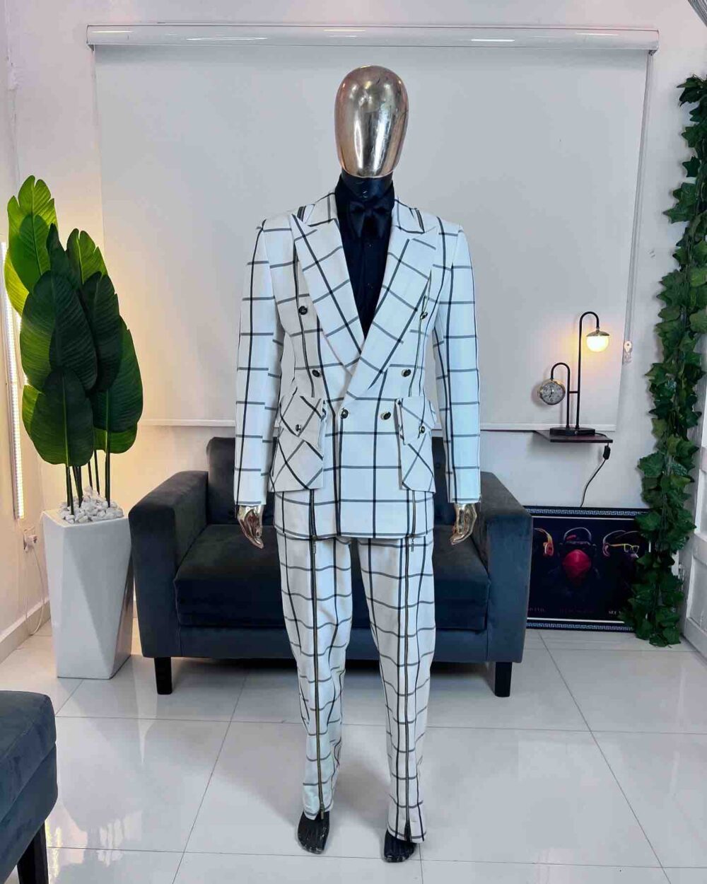 White check double breasted zip detailed suit