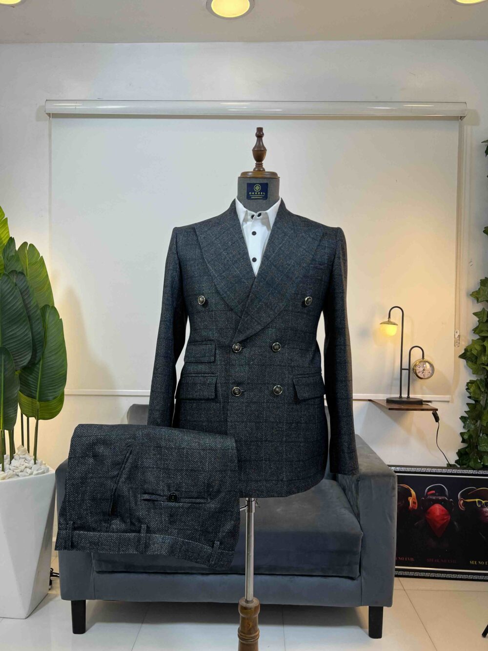 Gray check double breasted suit