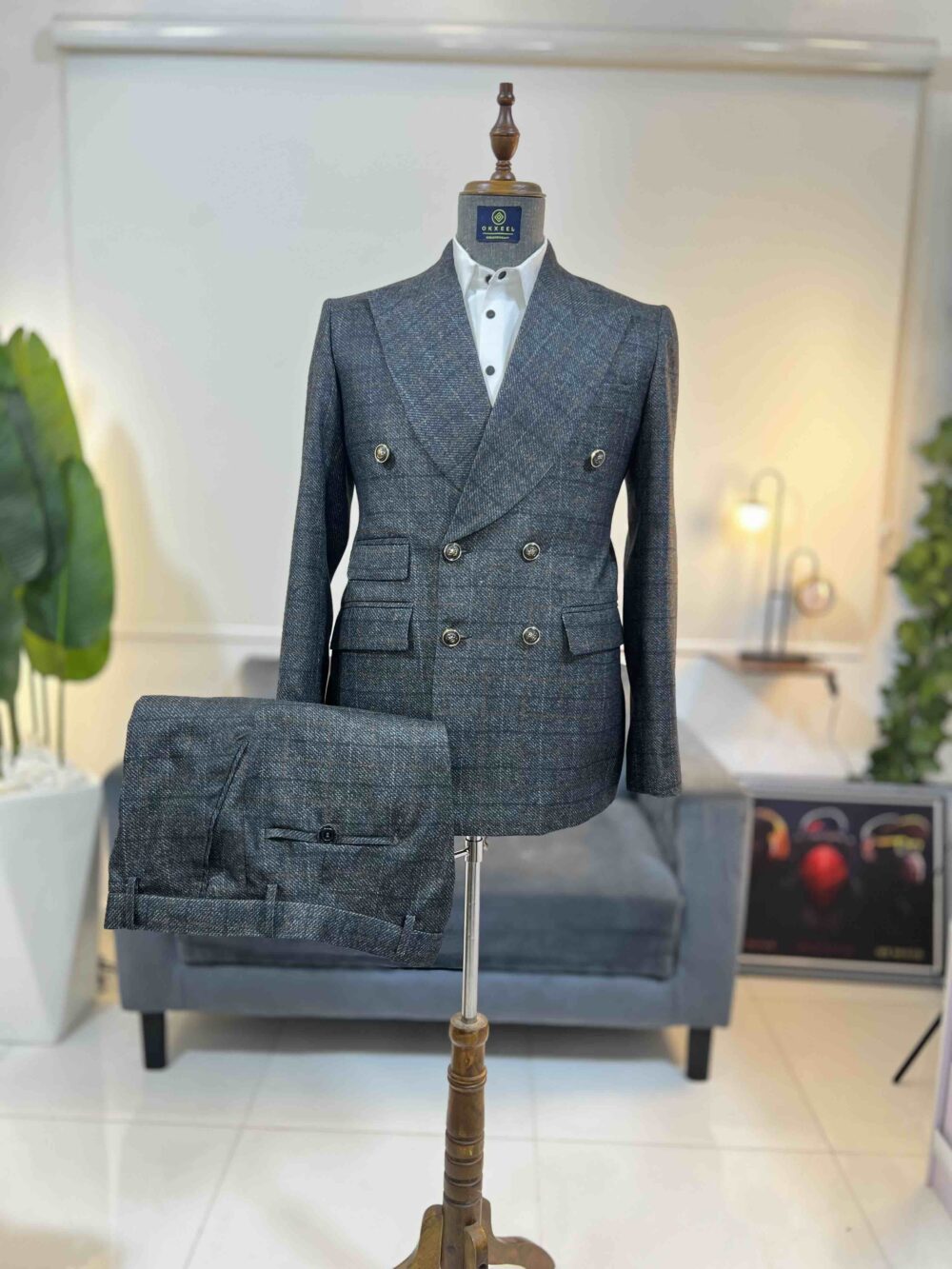 Gray check double breasted suit