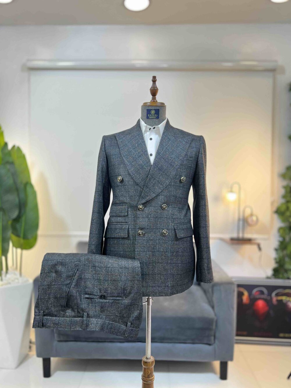 Gray check double breasted suit