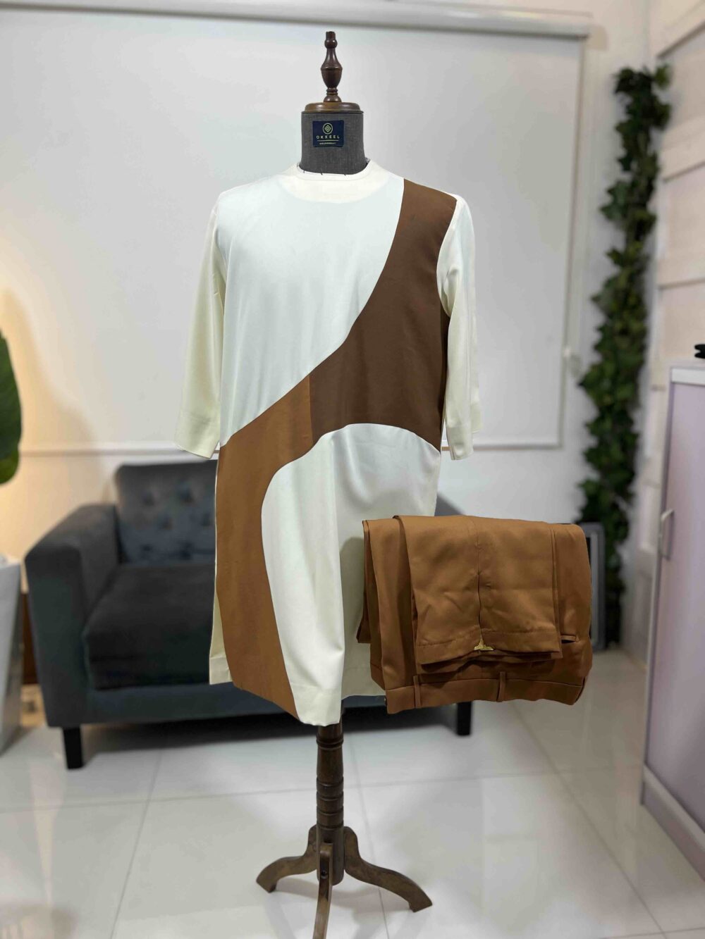 Cream Color kaftan detailed with coffee brown pant