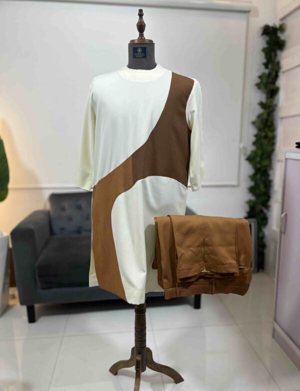 Cream Color kaftan detailed with coffee brown pant