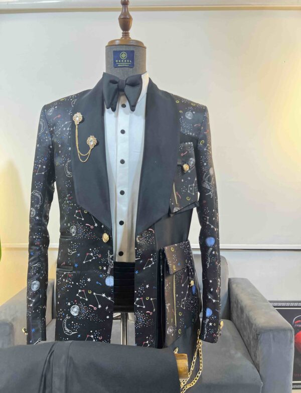 space patterned jacquard shawl lapel tuxedo suit.