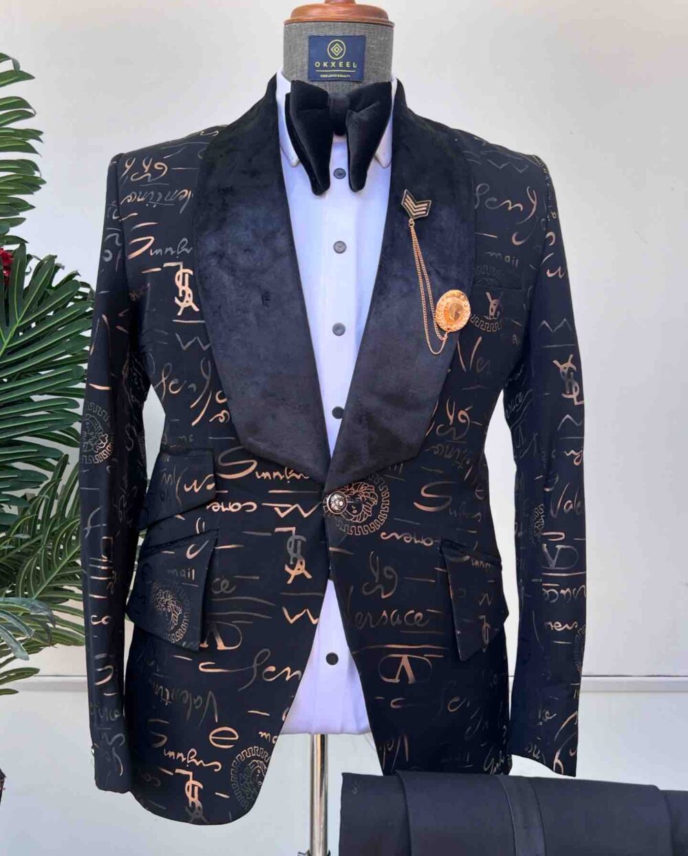 golden inscribed black jacquard tuxedo suit