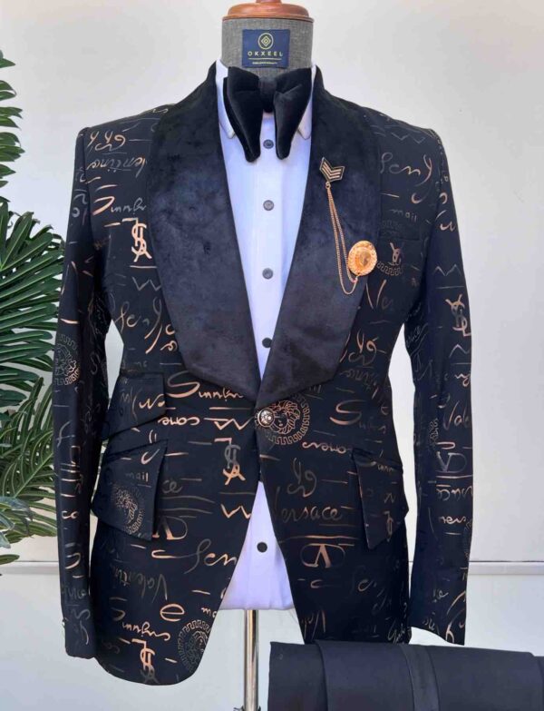 golden inscribed black jacquard tuxedo suit