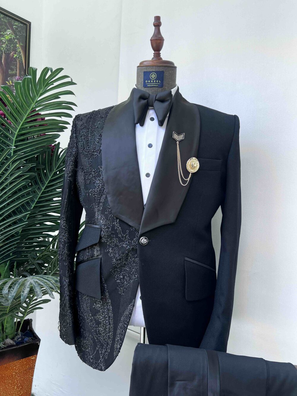 One sided embellished Black jacquard tuxedo suit.