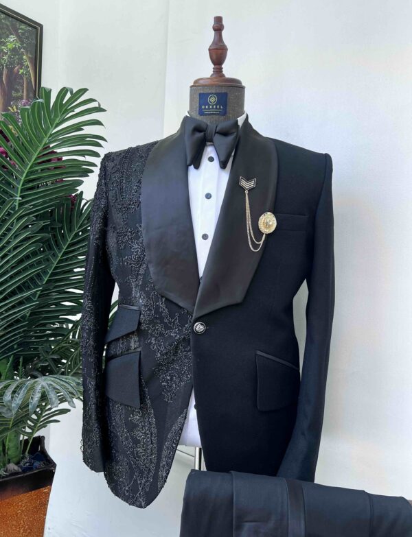 One sided embellished Black jacquard tuxedo suit.