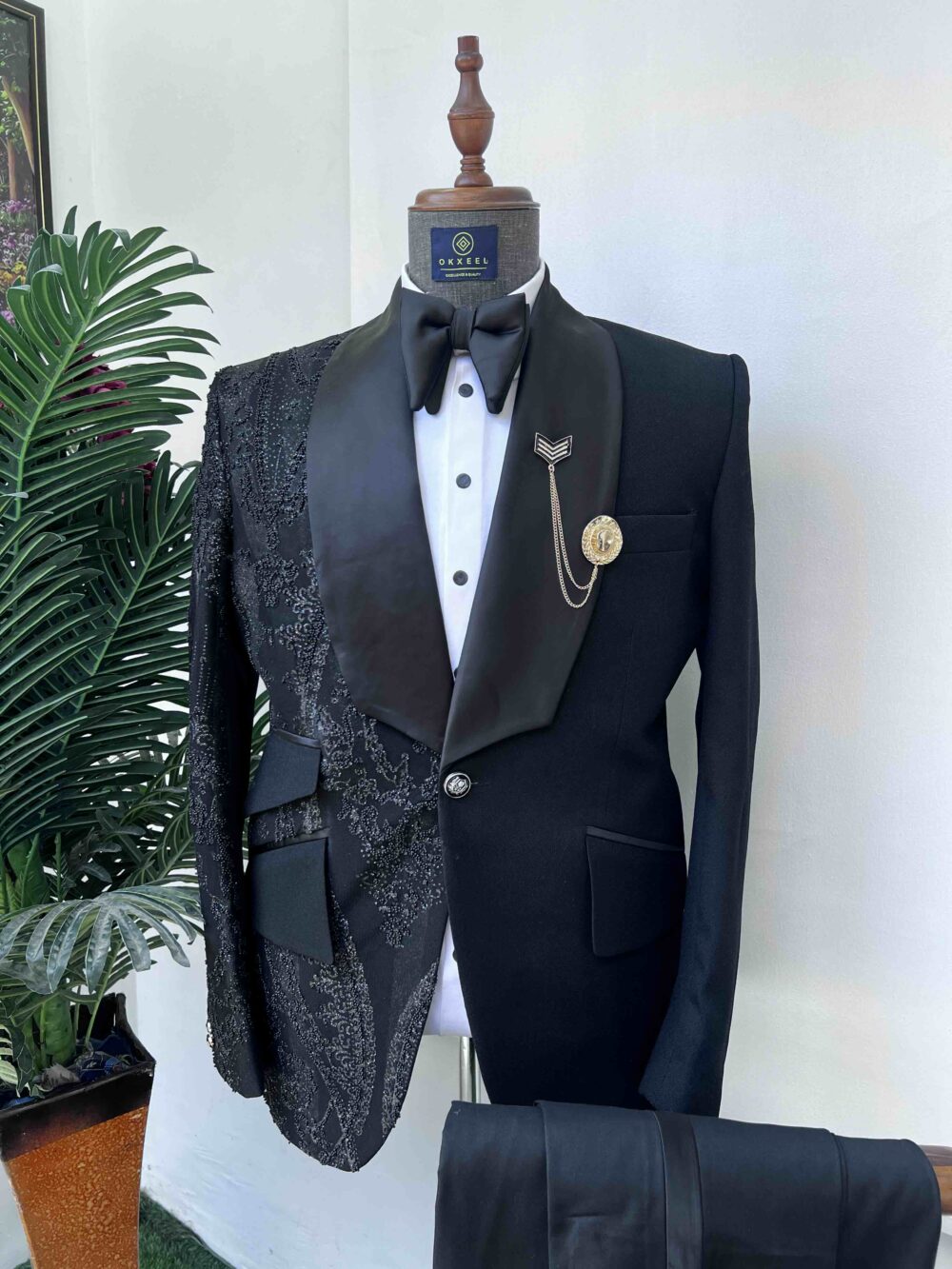 One sided embellished Black jacquard tuxedo suit.