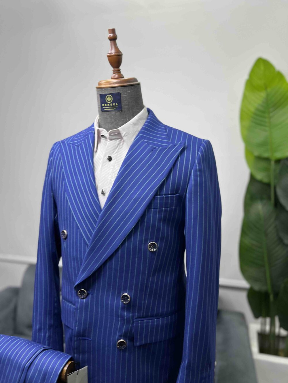 Blue striped double-breasted suit.