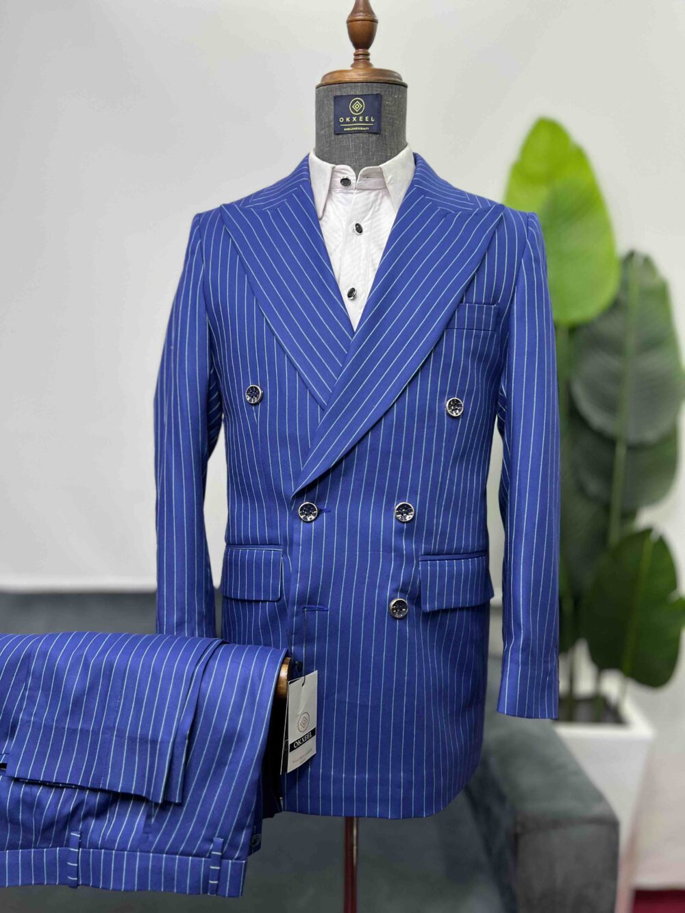 Blue striped double-breasted suit.