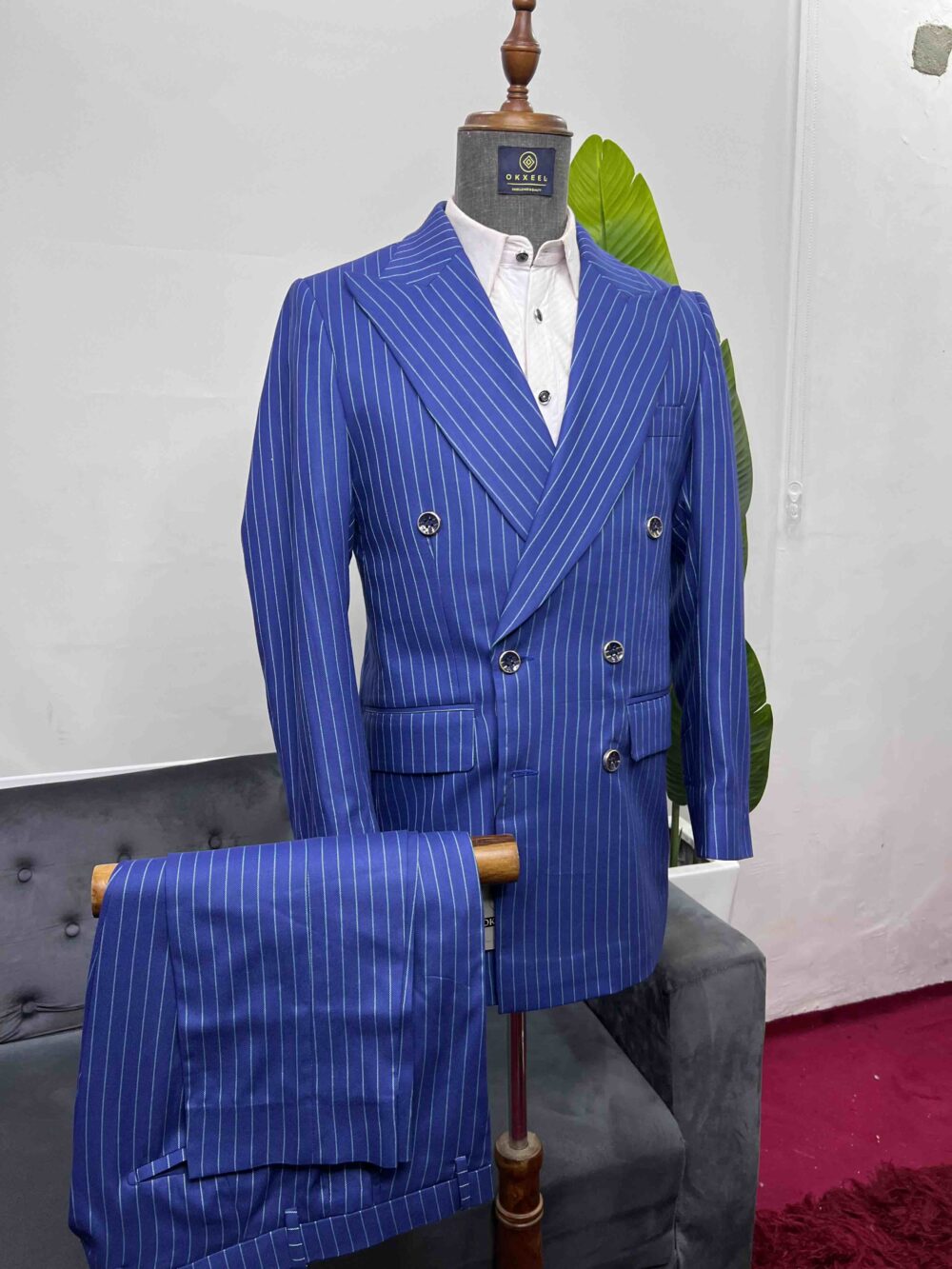 Blue striped double-breasted suit.