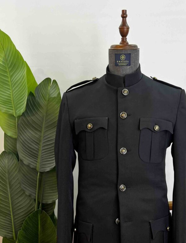 Black four button French safari suit