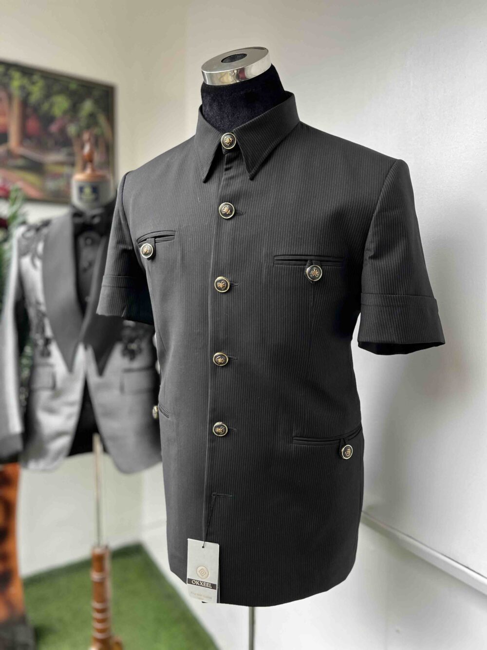 Black four pockets French safari suit