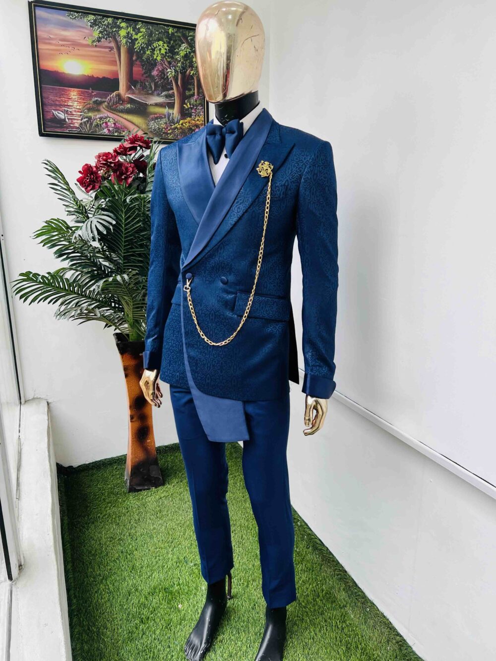 Blue jacquard three lapel wrap tuxedo suit