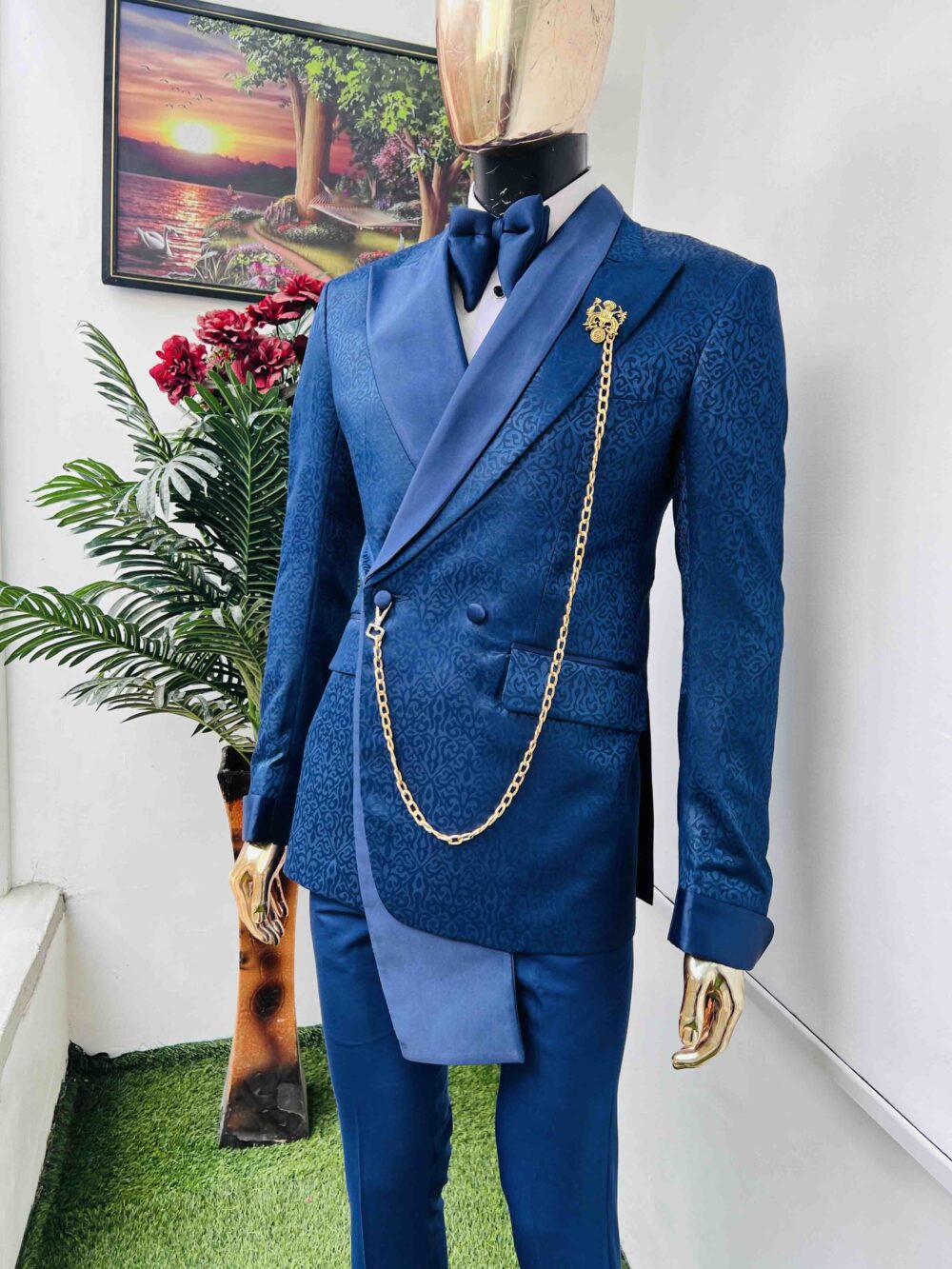 Blue jacquard three lapel wrap tuxedo suit