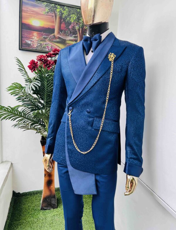 Blue jacquard three lapel wrap tuxedo suit