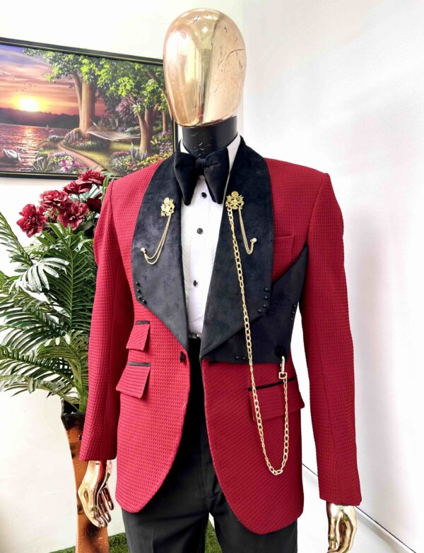 Square patterned Burgundy jacquard shawl lapel tuxedo suit