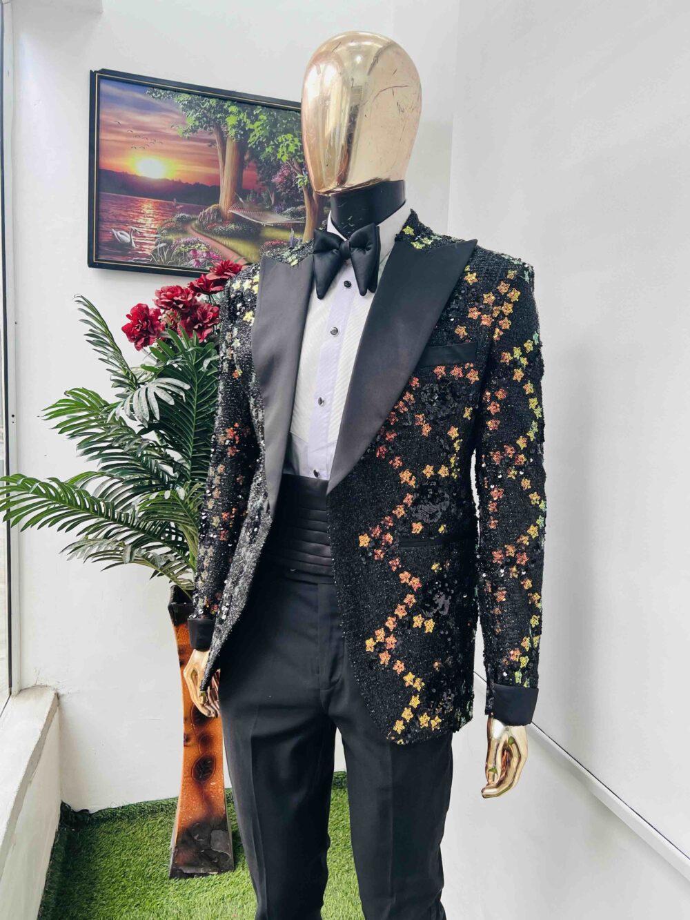 Black-gold sequence jacquard tuxedo suit