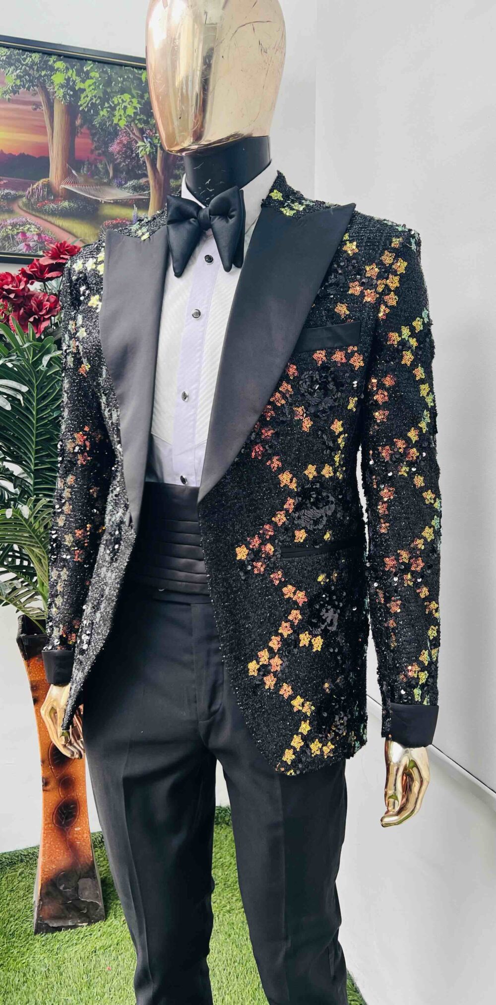 Black-gold sequence jacquard tuxedo suit