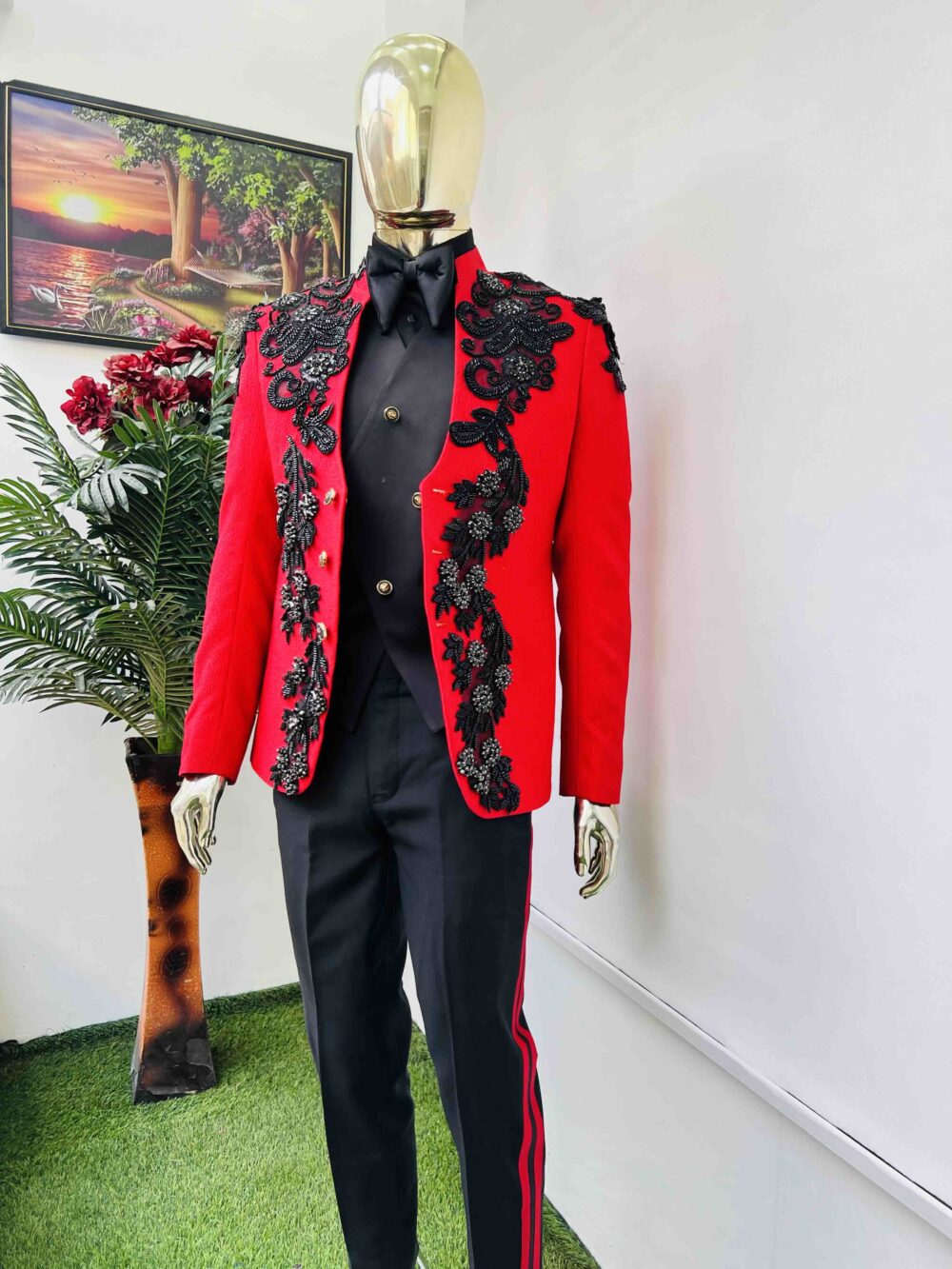 Red front embellished safari suit