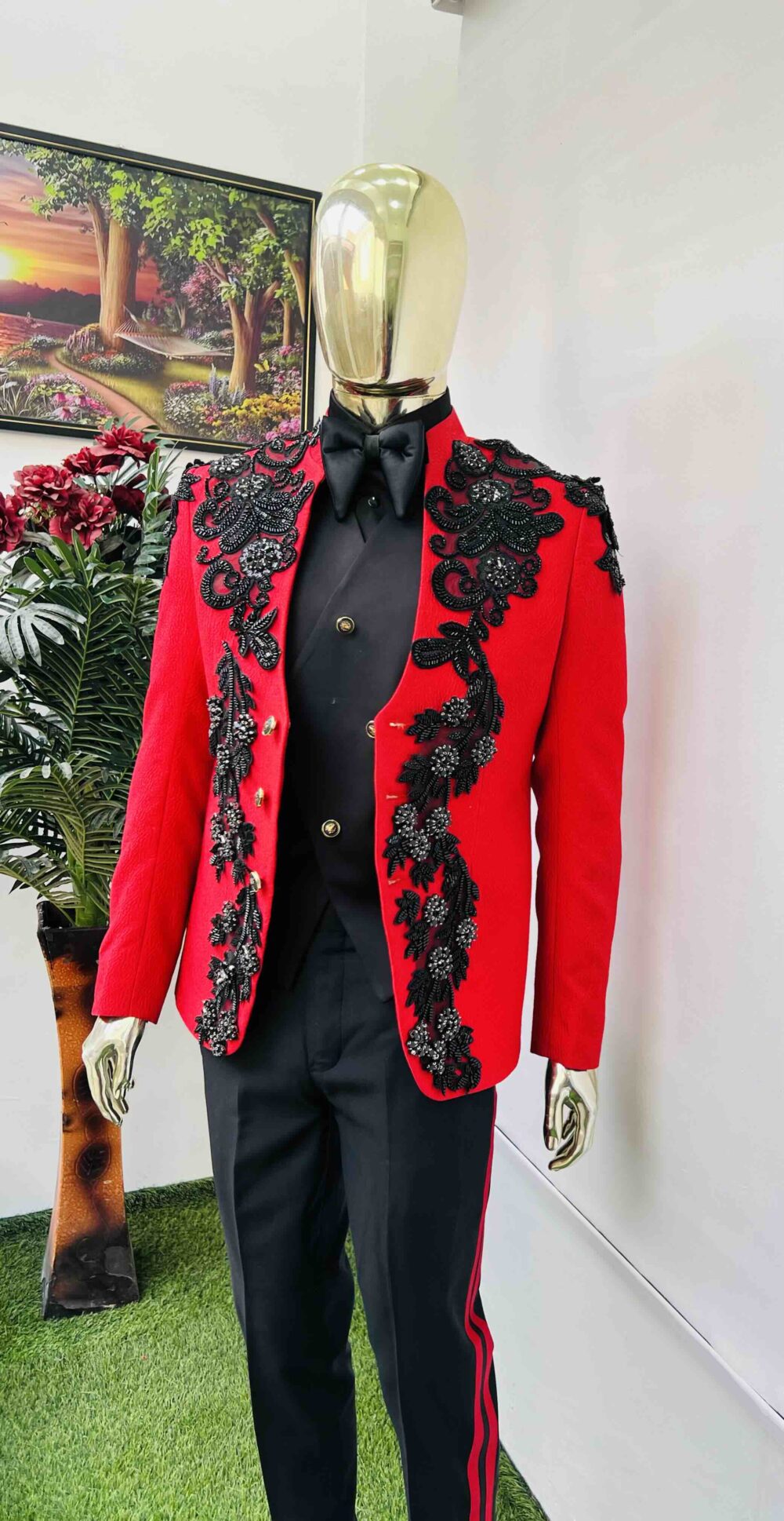 Red front embellished safari suit