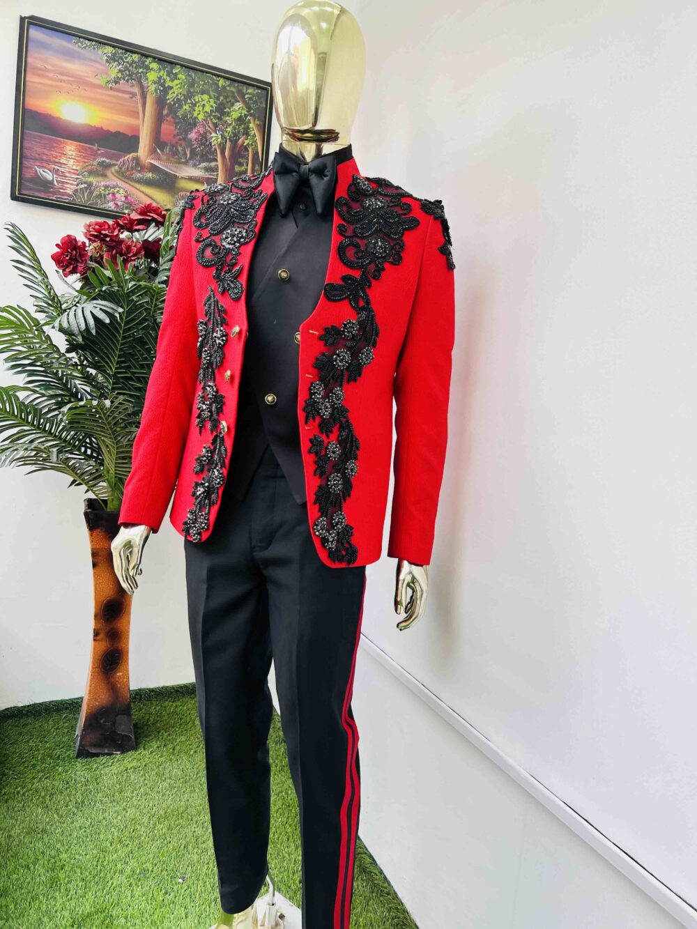 Red front embellished safari suit