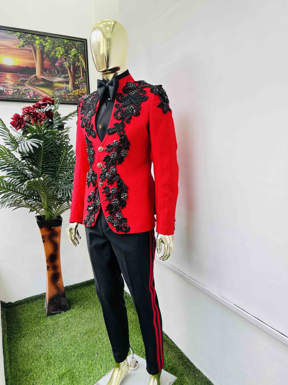 Red front embellished safari suit