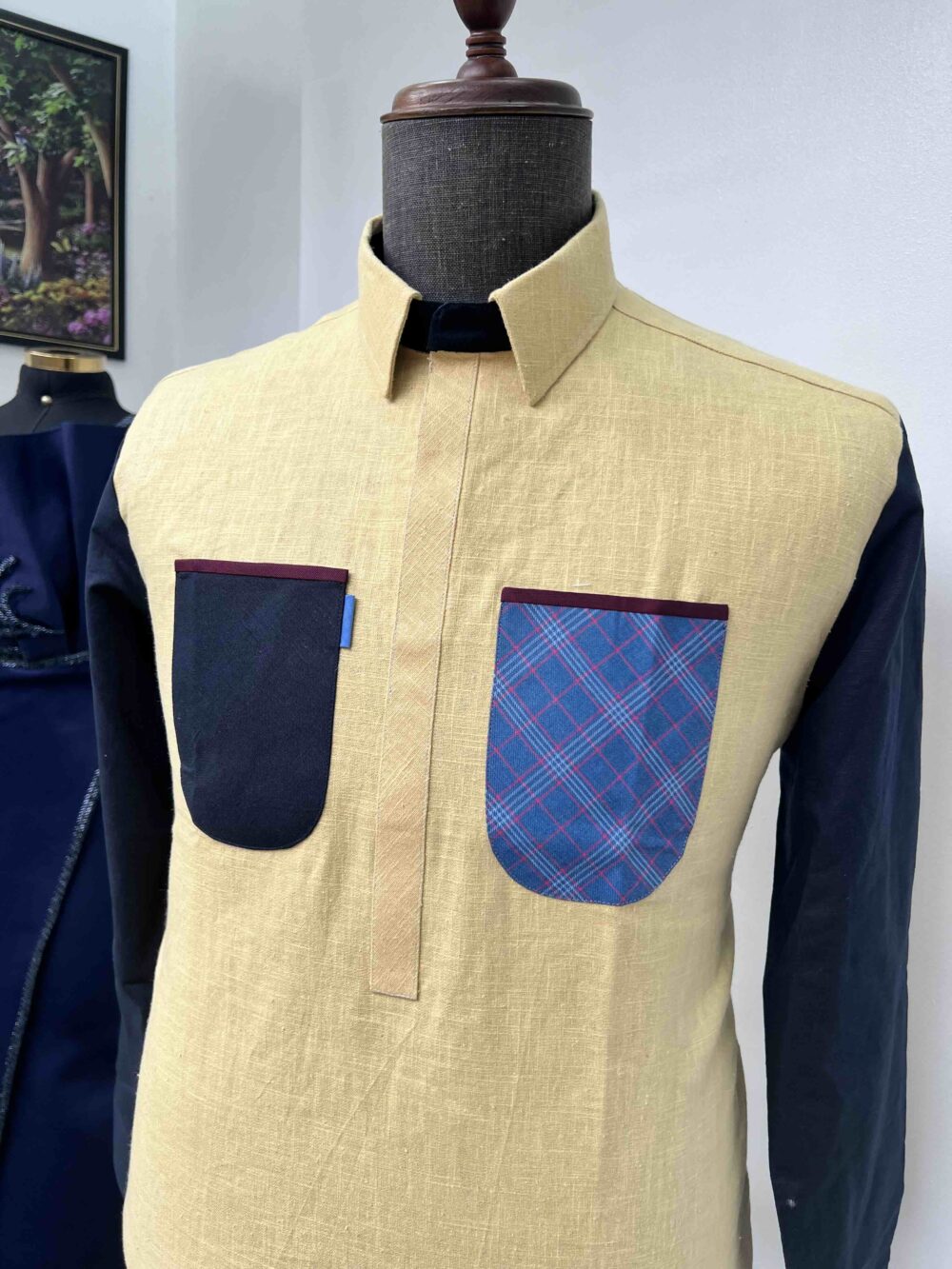 Mustard yellow blue-black detailed kaftan