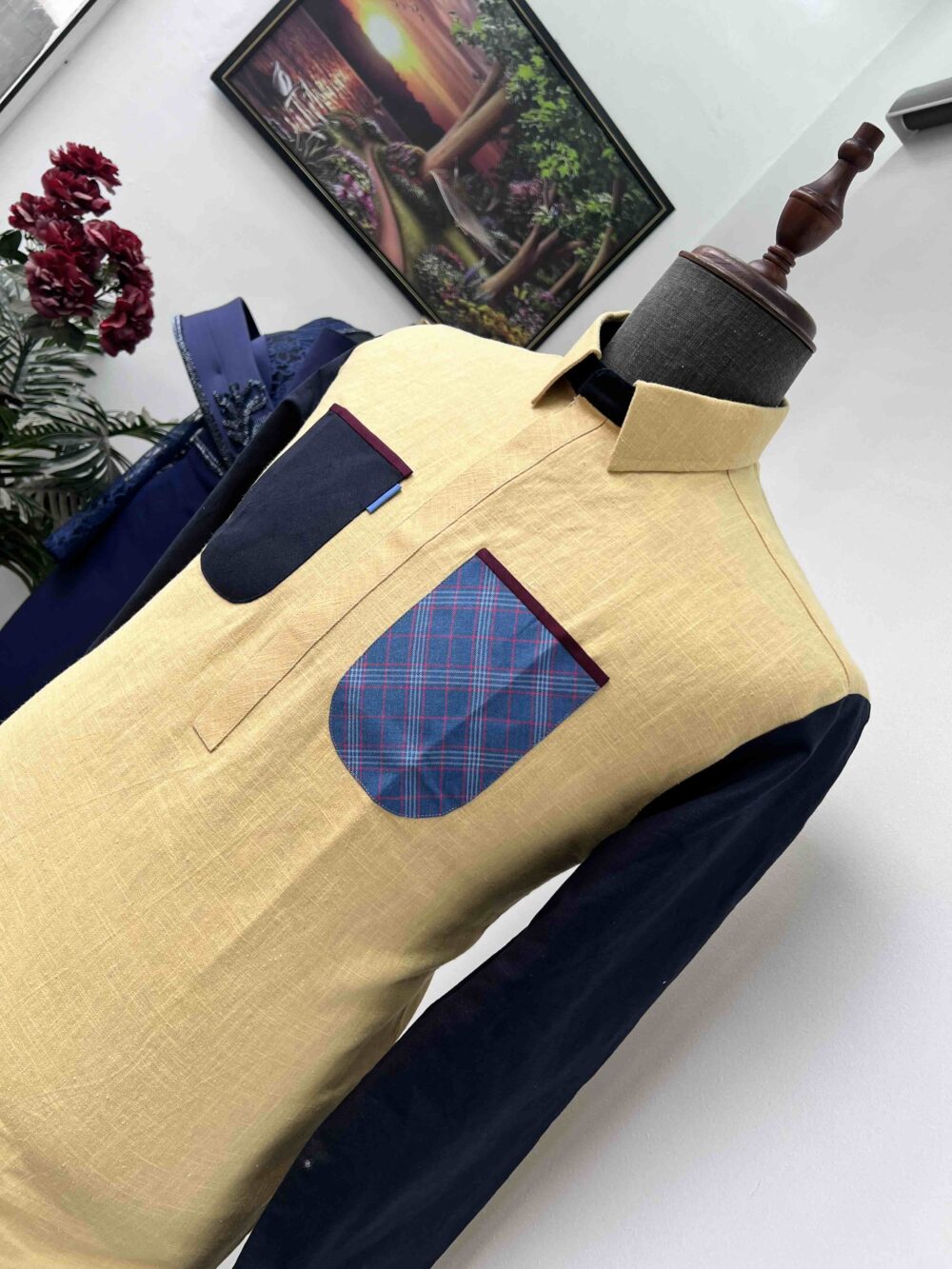 Mustard yellow blue-black detailed kaftan