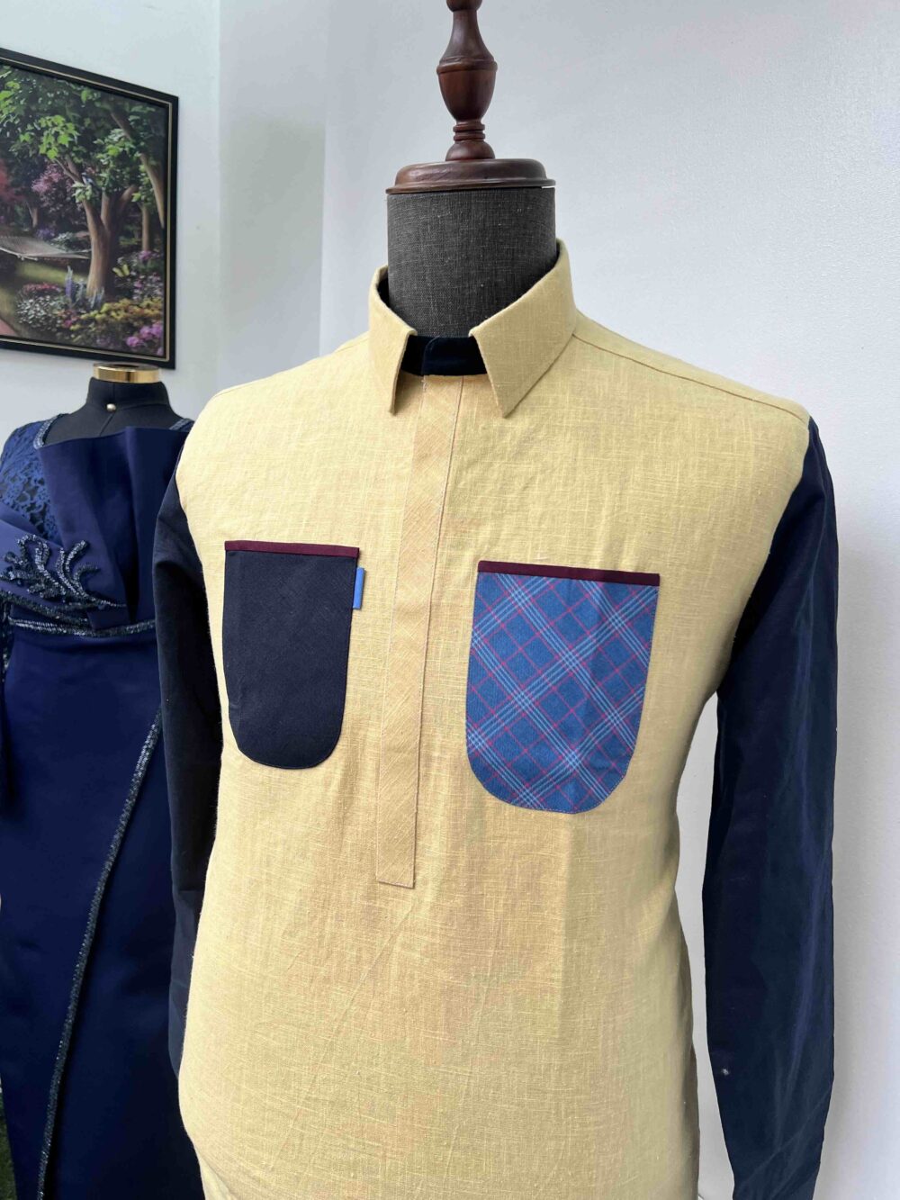 Mustard yellow blue-black detailed kaftan