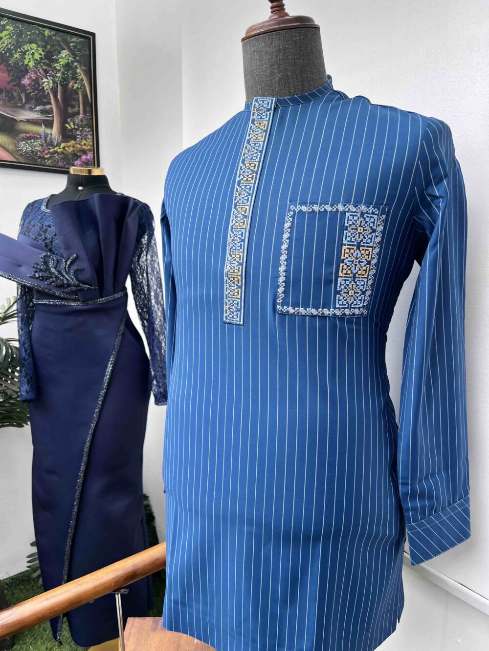 Striped Navy blue embroidered kaftan