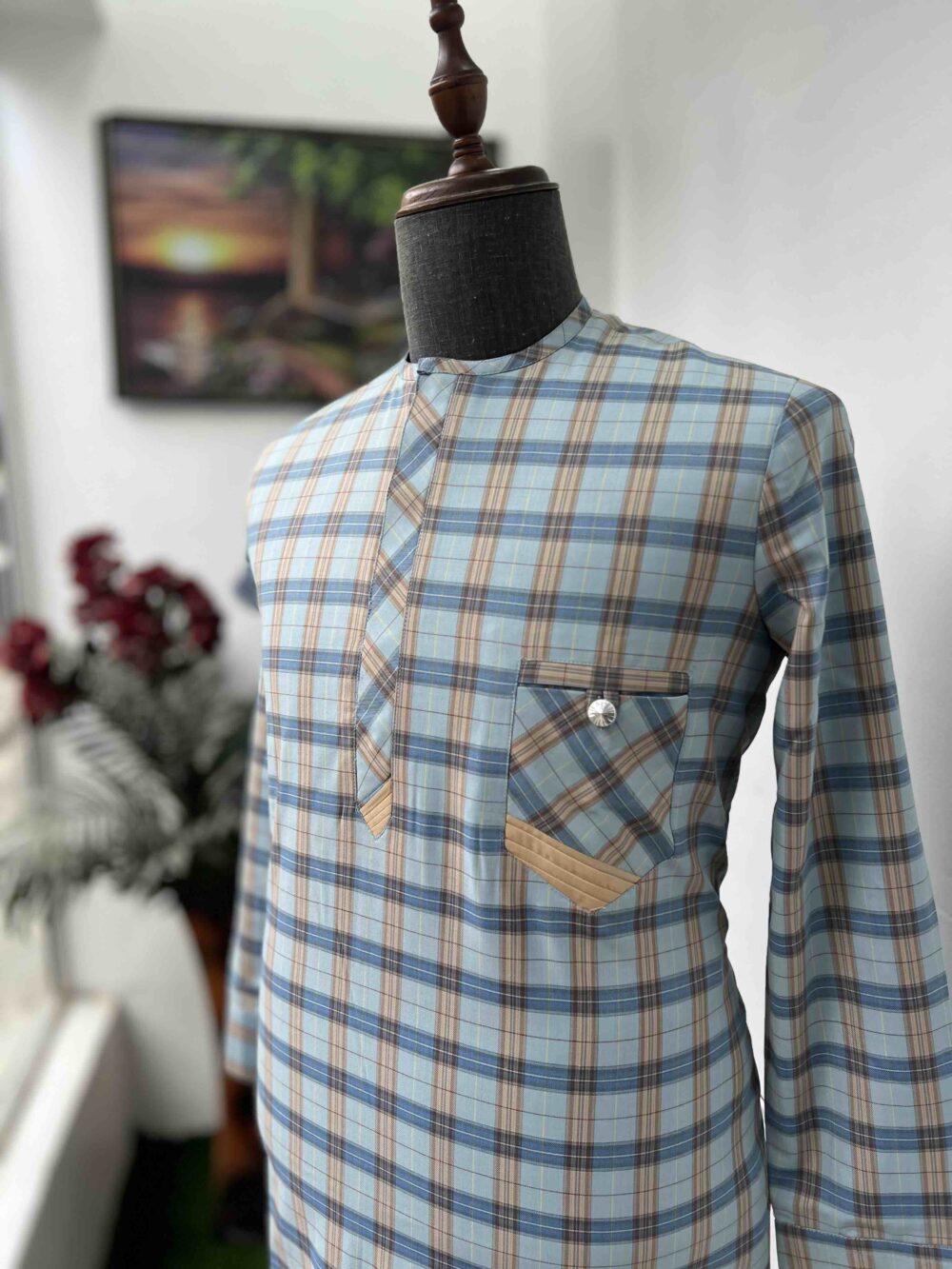 Baby blue check mustard yellow detailed kaftan