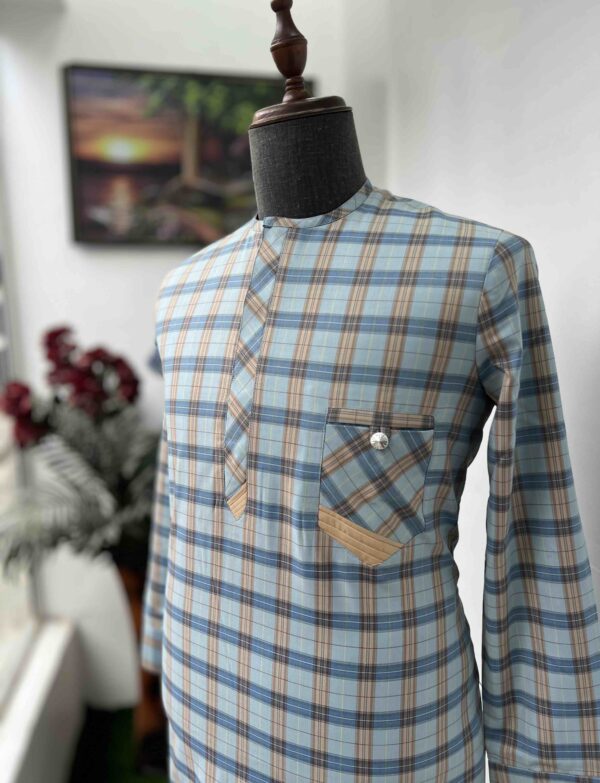 Baby blue check mustard yellow detailed kaftan