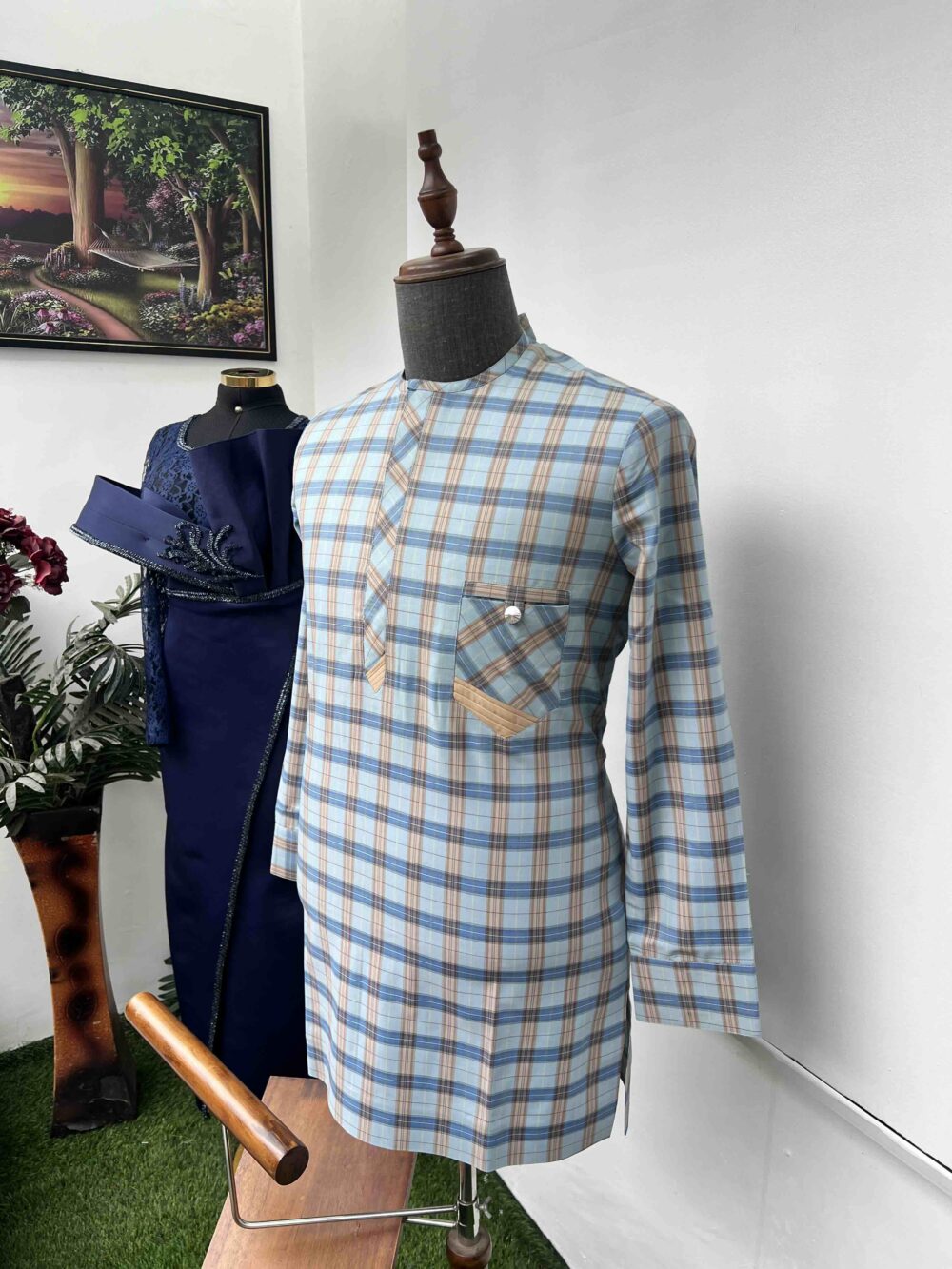 Baby blue check mustard yellow detailed kaftan