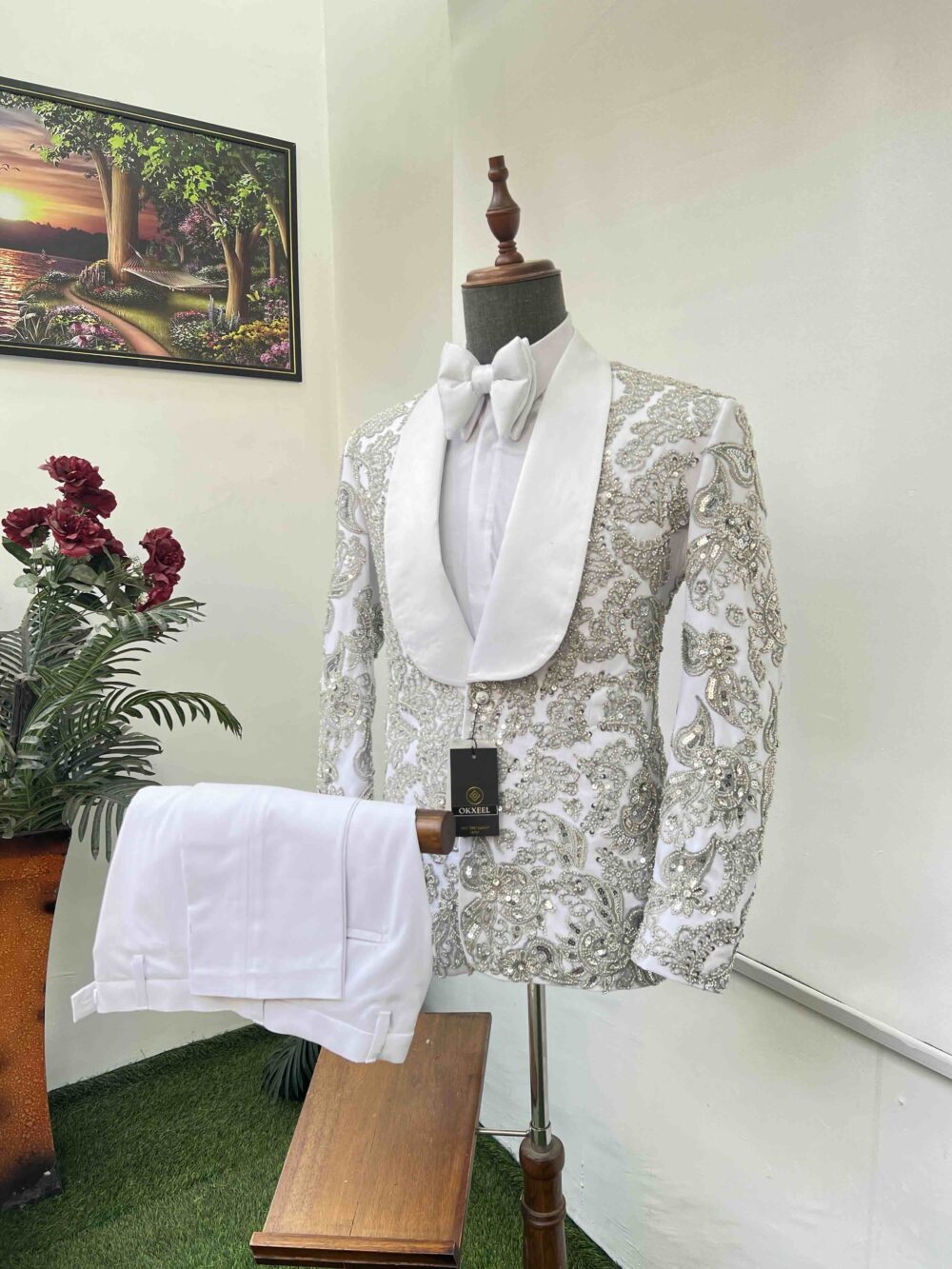 White full body embellished shawl lapel suit