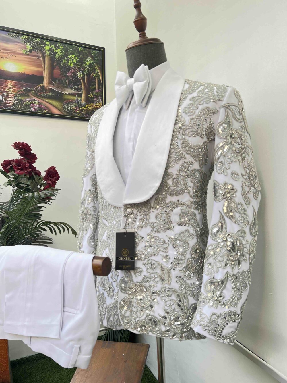 White full body embellished shawl lapel suit