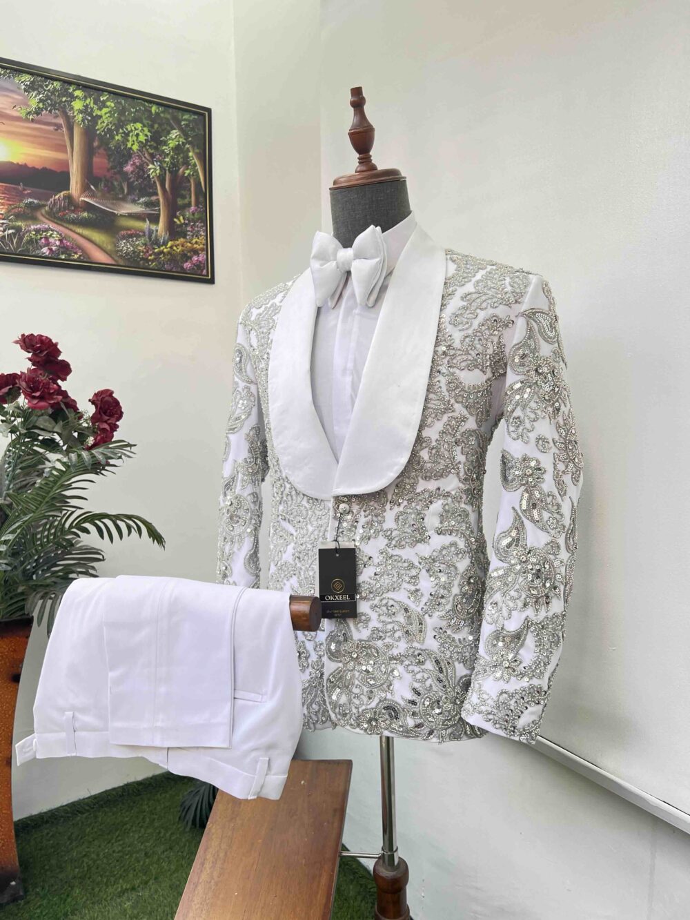 White full body embellished shawl lapel suit