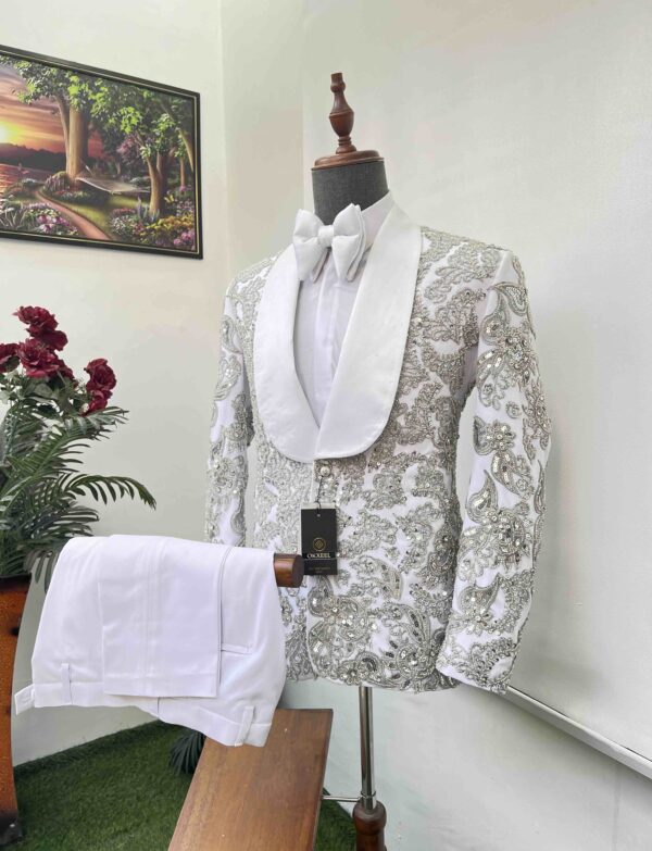 White full body embellished shawl lapel suit