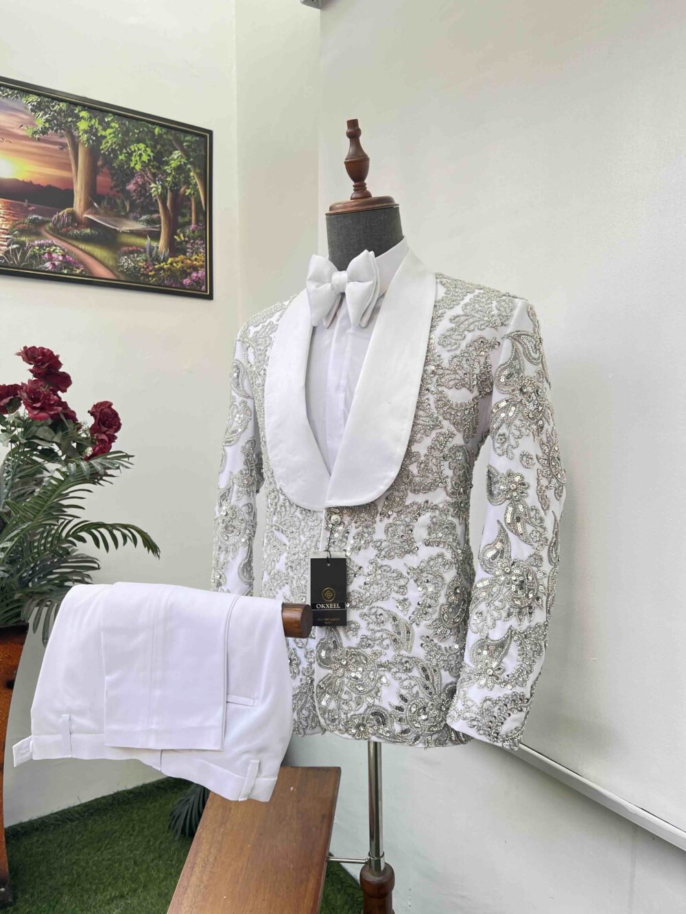 White full body embellished shawl lapel suit