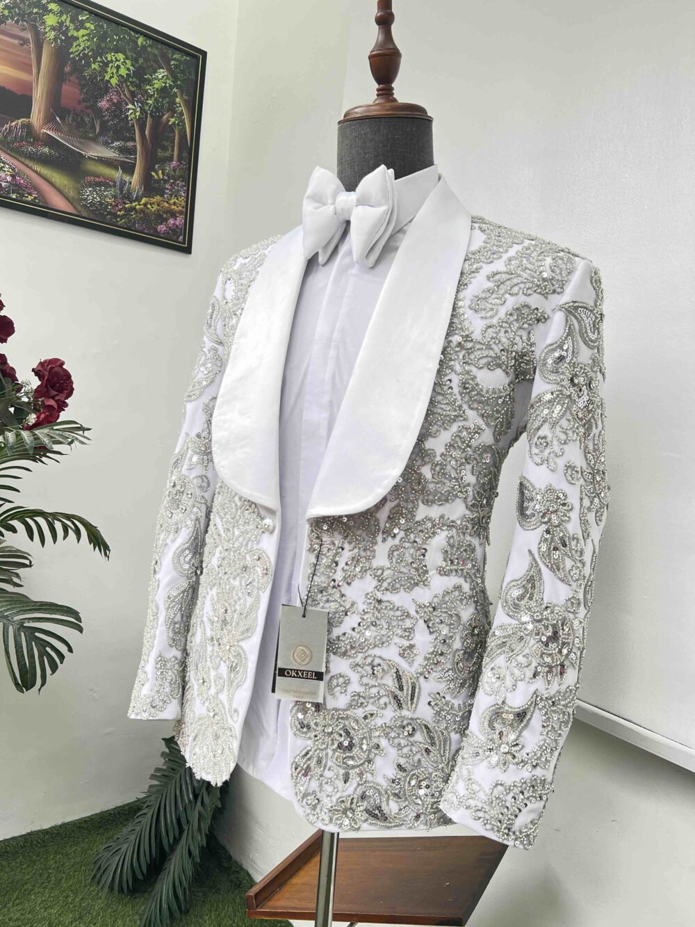 White full body embellished shawl lapel suit