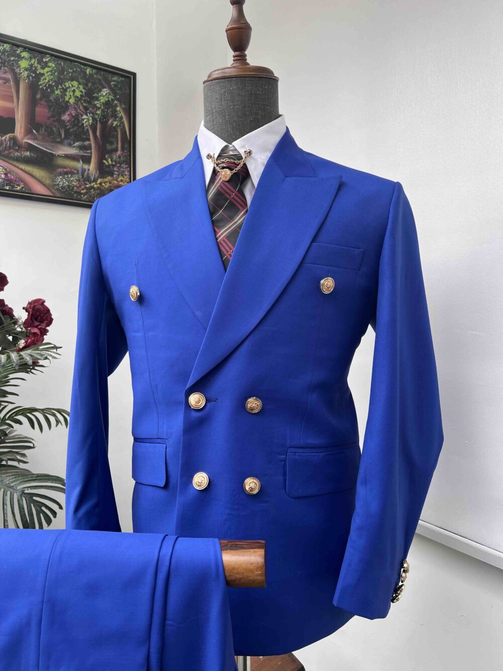 Royal blue double breasted peak lapel suit