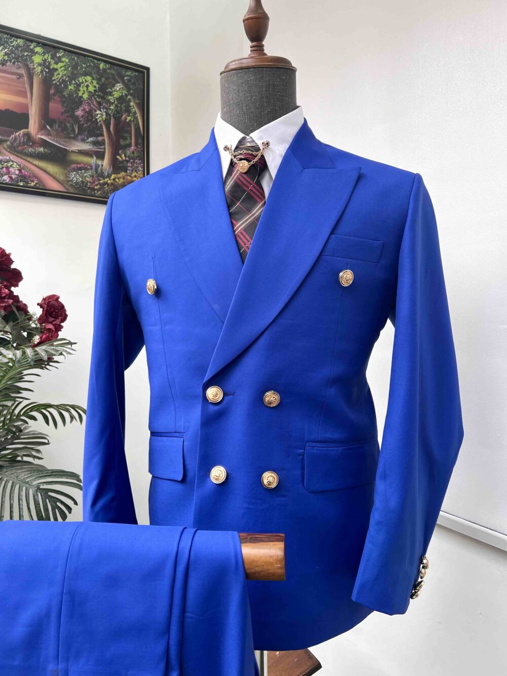 Royal blue double breasted peak lapel suit