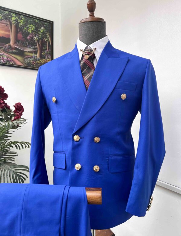 Royal blue double breasted peak lapel suit